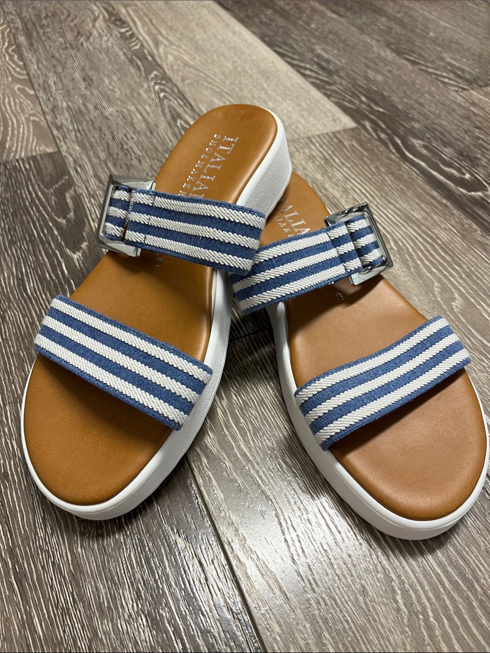 Italian Shoemakers Navy and White Striped Slide Sandals